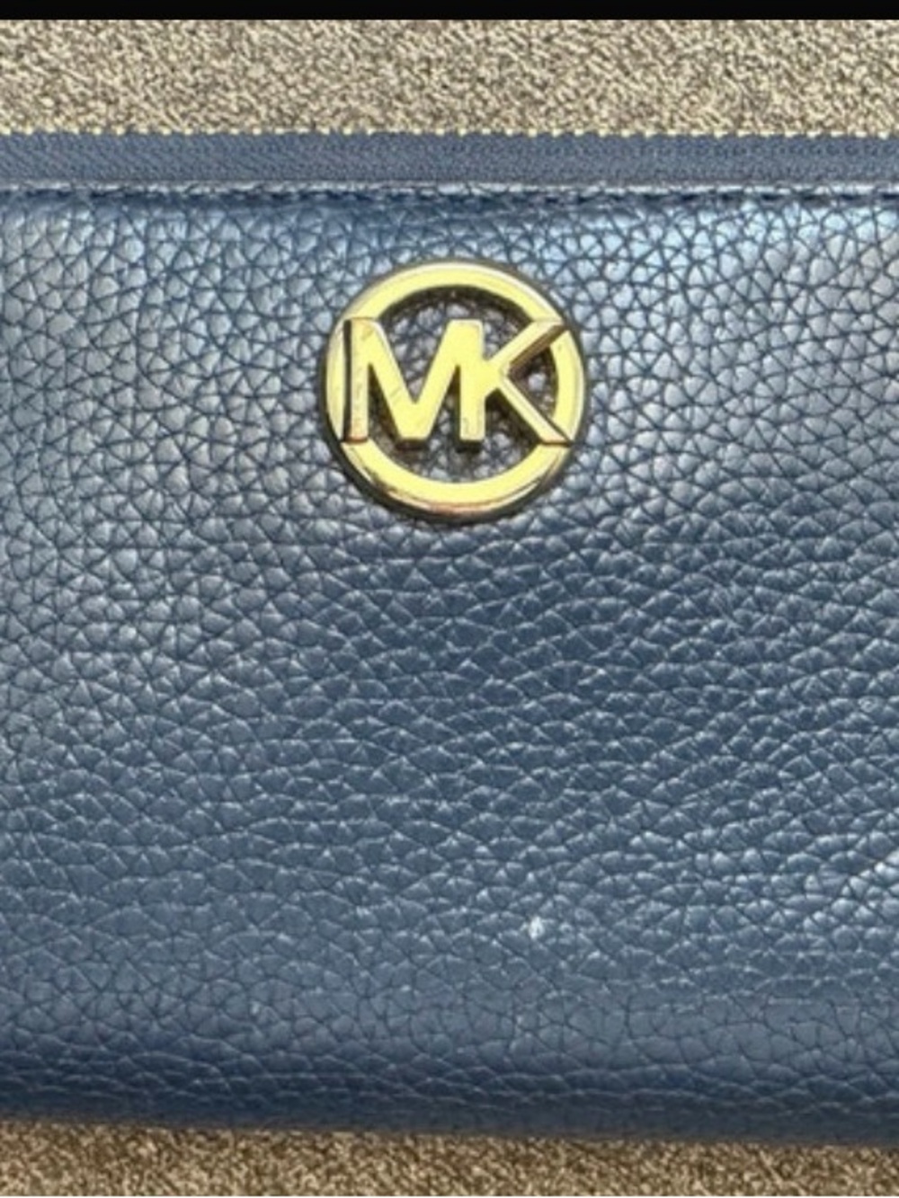 Michael Kors Blue Pebbled Leather Card Holder with Gold MK Emblem